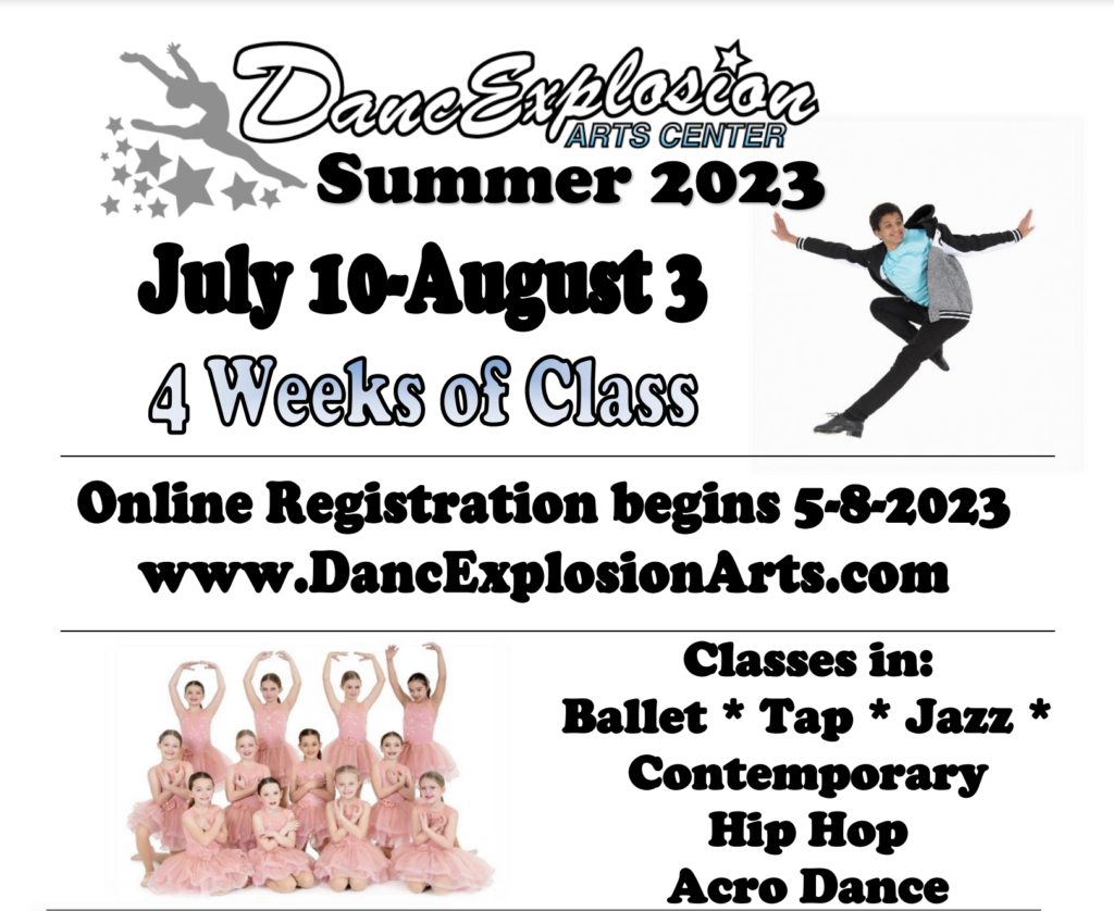 Summer 2023 informational image. July 10 - August 3. 4 weeks of class in ballet, tap, jazz and more!