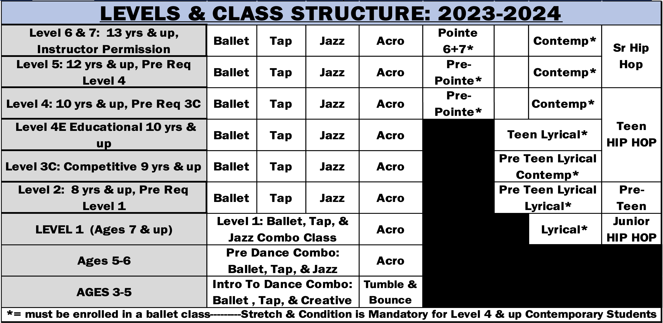 Levels and Class structure 2023-2024 graphic.